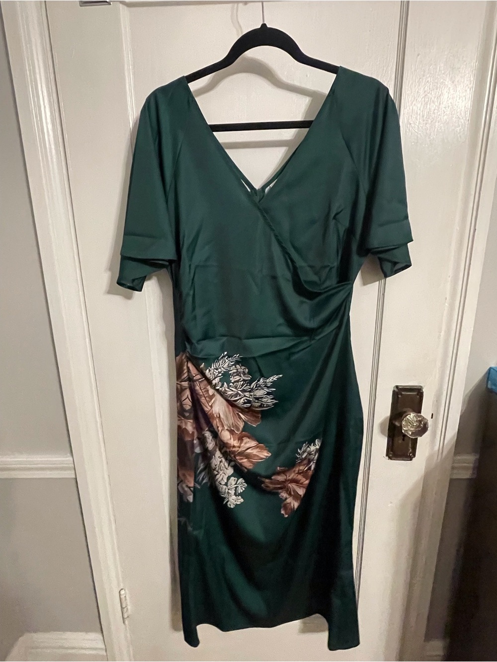 Deep Green Floral Wrap-Detail Midi Dress